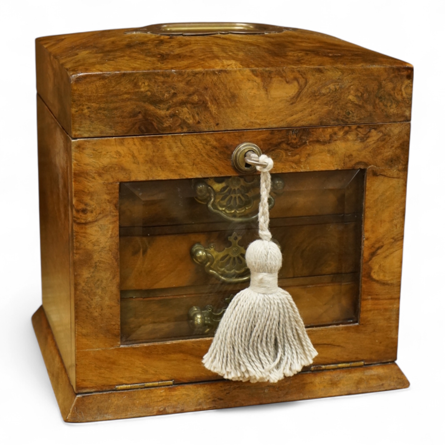 A Victorian burr walnut jewellery casket with three drawers, with key, 21cm high